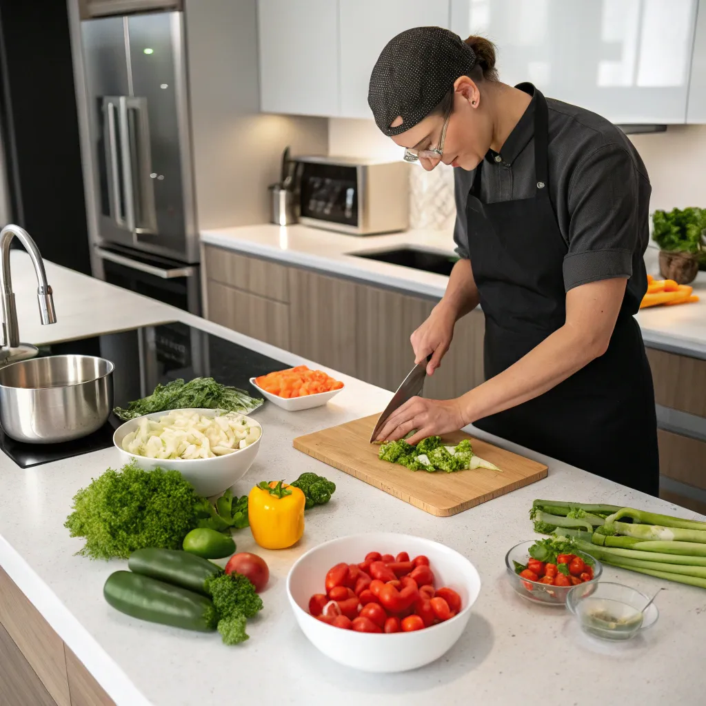 A person preparing ingredients in a modern kitchen