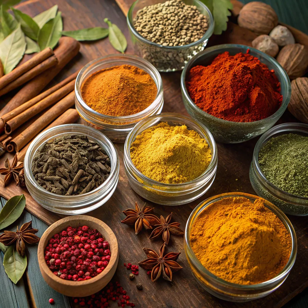 A diverse array of colorful spices and cooking ingredients