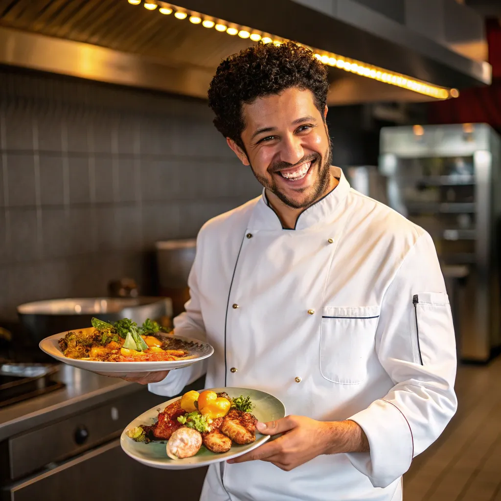 Happy chef holding a plate of food