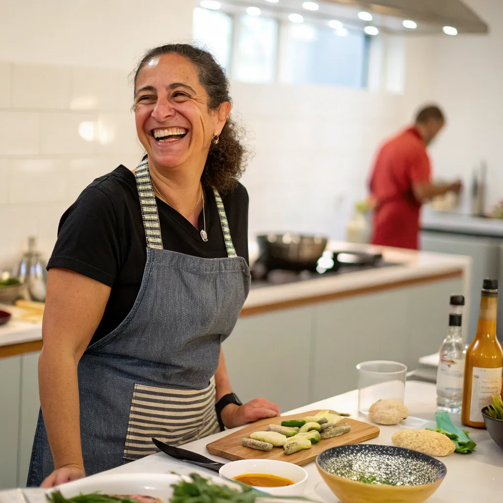 Customer smiling after cooking class